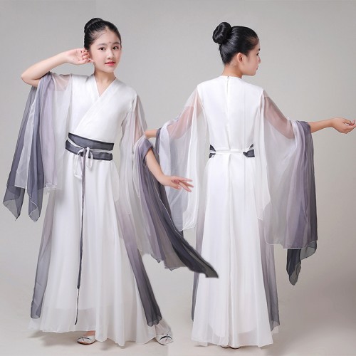 Girls kids hanfu fairy cosplay dress white with black gradient colored chinese folk dance costumes 